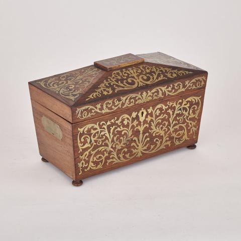 Appraisal: Large William IV Brass Inlaid Rosewood Sarcophagus Form Tea Caddy