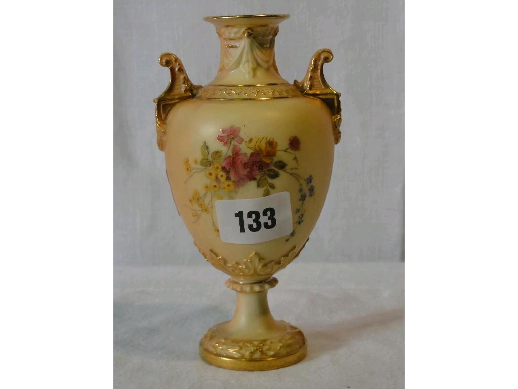 Appraisal: A Royal Worcester blush ivory two handled vase with painted