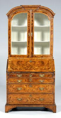 Appraisal: Queen Anne burlwood bookcase desk upper case with arched top