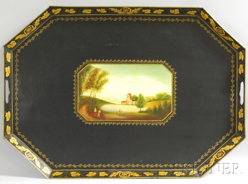 Appraisal: Large Octagonal Gilt and Hand-painted Landscape-decorated Black-painted Tole Tray lg