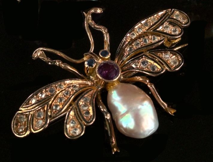 Appraisal: Fourteen-Karat Yellow Gold Diamond Pearl and Gemstone Insect Brooch featuring