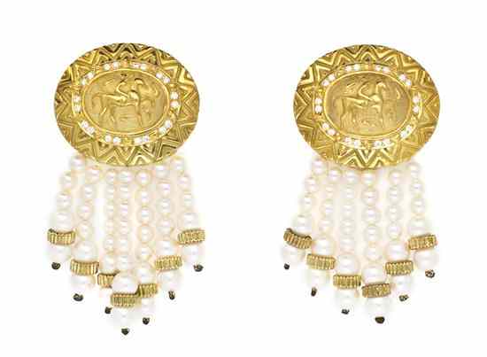 Appraisal: A Pair of Karat Yellow Gold Diamond and Cultured Pearl