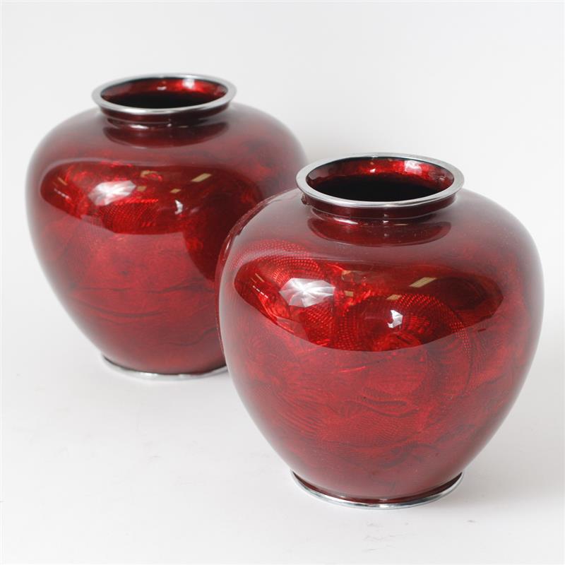 Appraisal: Pair Japanese Basse-Taille Red Enamel Vases with Dragon Motif H