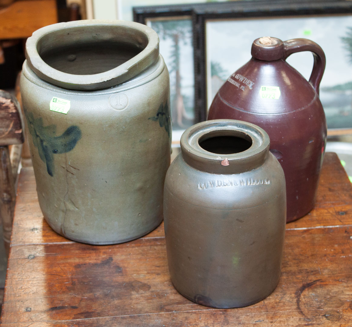 Appraisal: Three pieces of stoneware including Cowden of Harrisburg Pa jug