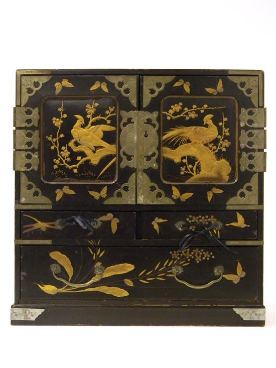 Appraisal: Small Asian lacquered cabinet cabinet doors with brass metalwork and