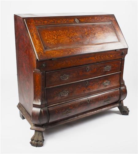 Appraisal: DUTCH WALNUT AND MARQUETRY BOMBE BUREAU TH CENTURY inlaid throughout