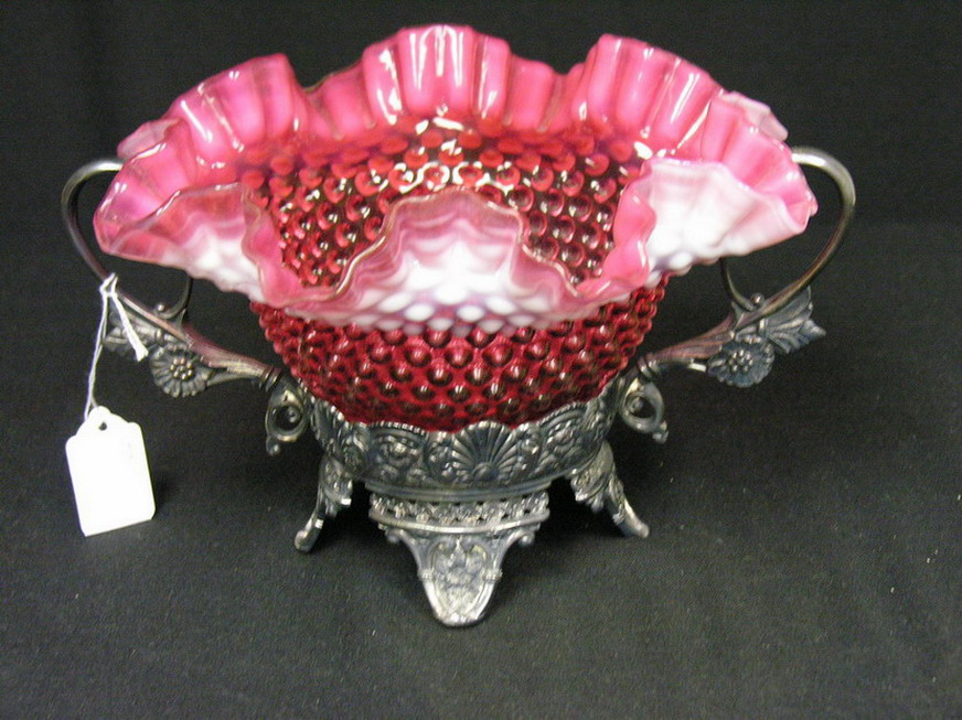 Appraisal: CRANBERRY OPALESCENT HOBNAIL BRIDES BASKET Silver-plated holder marked Barbour Size