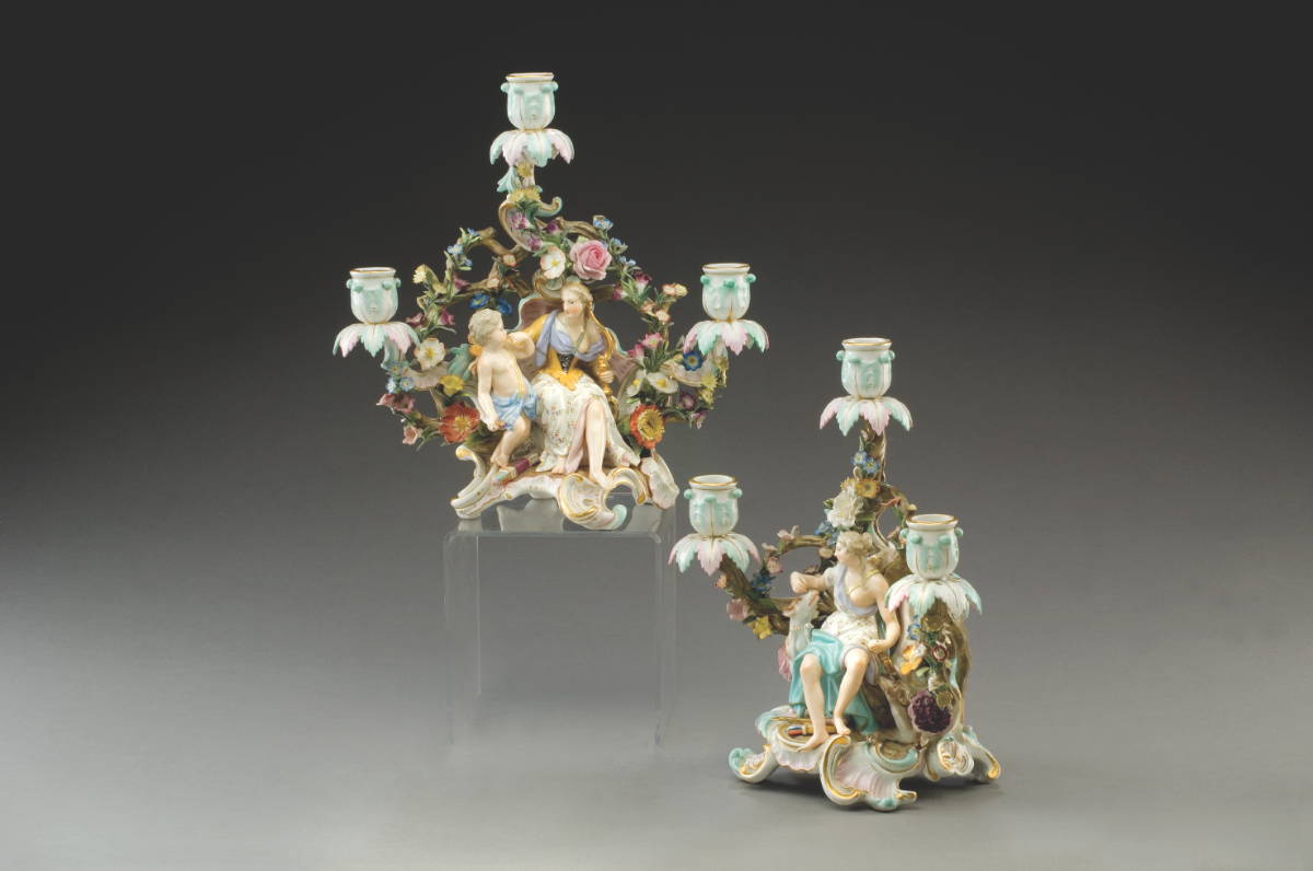 Appraisal: TWO MEISSEN PORCELAIN THREE-LIGHT FIGURAL CANDELABRA LATE NINETEENTH CENTURY Each