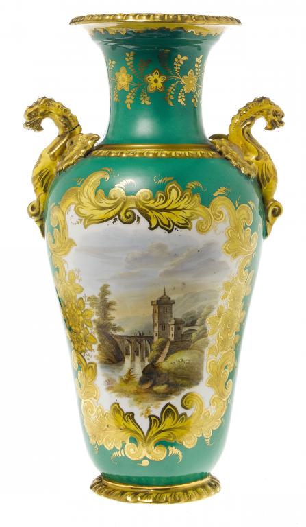 Appraisal: A STAFFORDSHIRE DRAGON HANDLED GREEN GROUND VASE of attenuated ogee