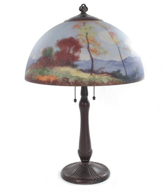 Appraisal: Handel reverse-painted shade table lamp late th century autumn landscape-painted