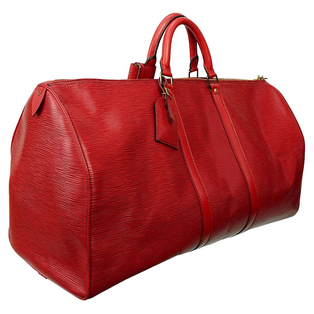 Appraisal: Louis Vuitton Red Epi Keepall Black Stitching Louis Vuitton Red