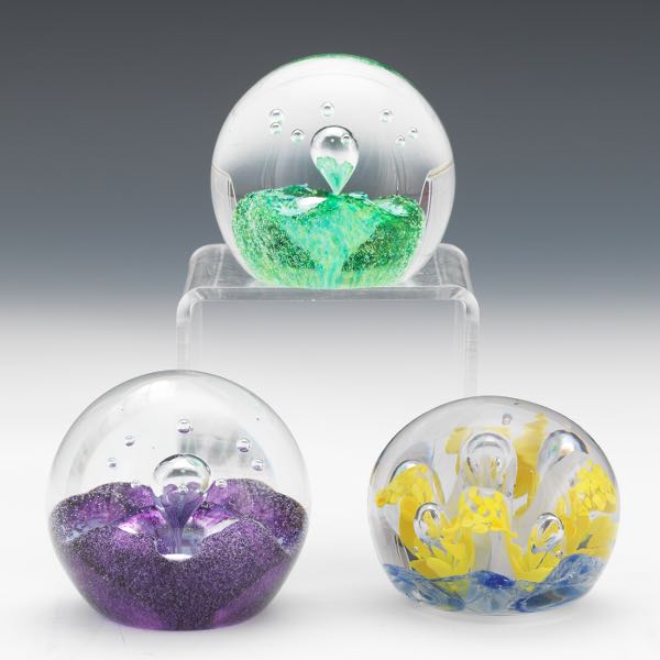 Appraisal: THREE PAPERWEIGHTS Two CUG paperweights one unsigned Green purple blue