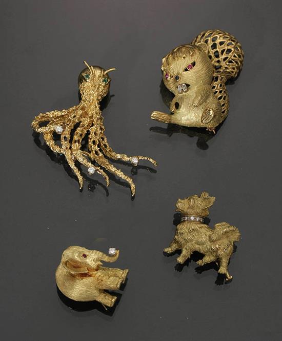 Appraisal: Four -Karat Yellow-Gold and Gem-Set Pins The first an octopus