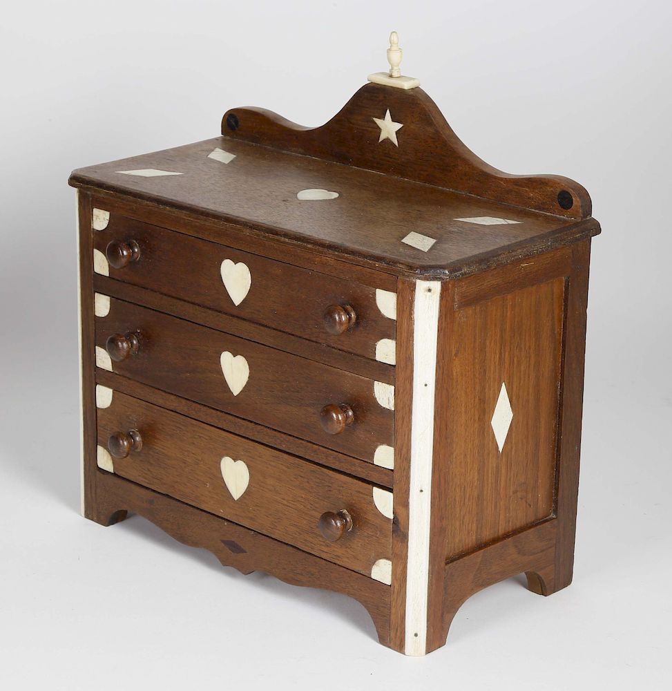 Appraisal: Miniature Mahogany Three Drawer Chest with Whalebone Inlays th Century