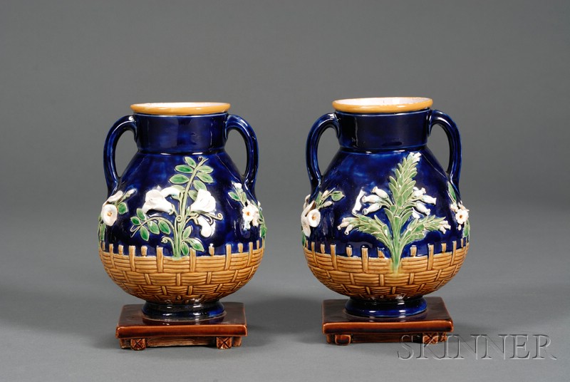 Appraisal: Pair of Minton Majolica Vases England c each two-handled capsule