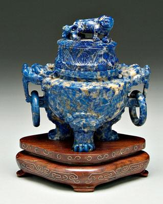 Appraisal: Chinese lapis lazuli tripod censer lion with ruyi scepter finial