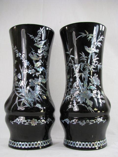 Appraisal: Chinese th century pair of lacquer wall vases with inlaid