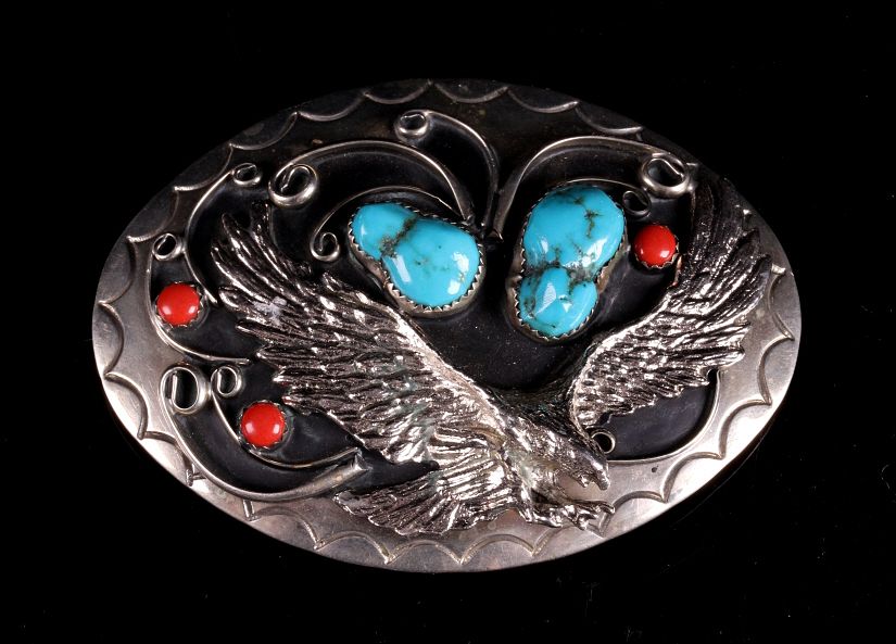 Appraisal: Navajo Eagle Silver Turquoise Coral Belt Buckle In this lot