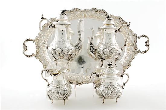 Appraisal: Continental silverplate tea and coffee service with tray rosebud-decorated band