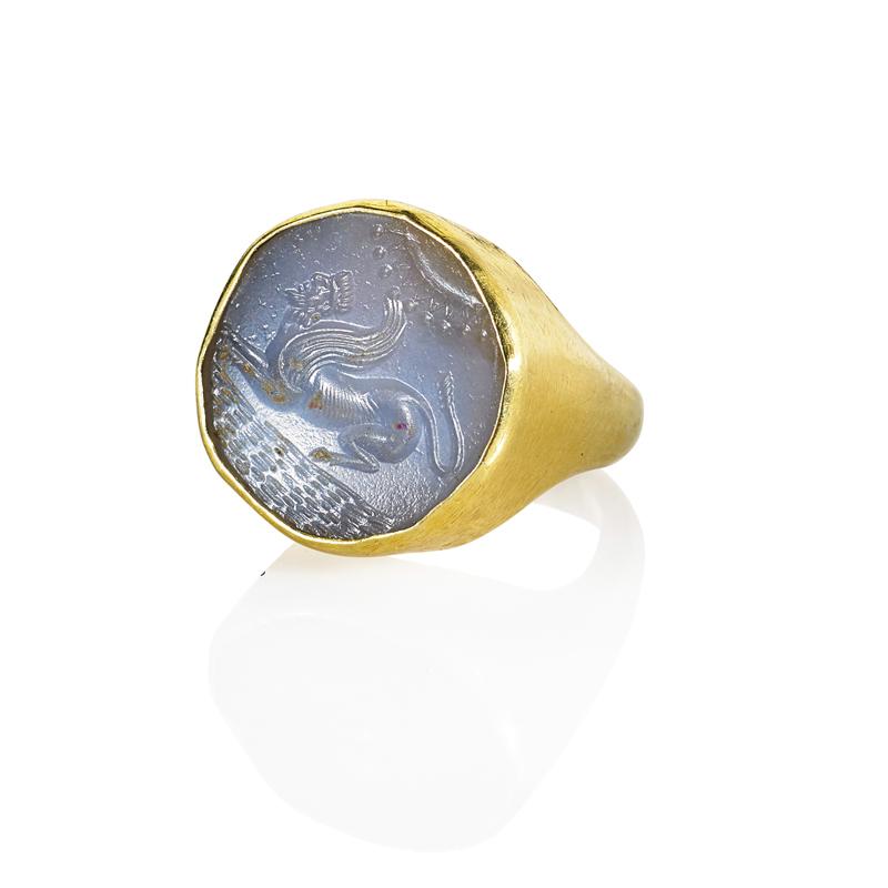 Appraisal: LAMASSU AGATE INTAGLIO GOLD SIGNET RING Condition Report