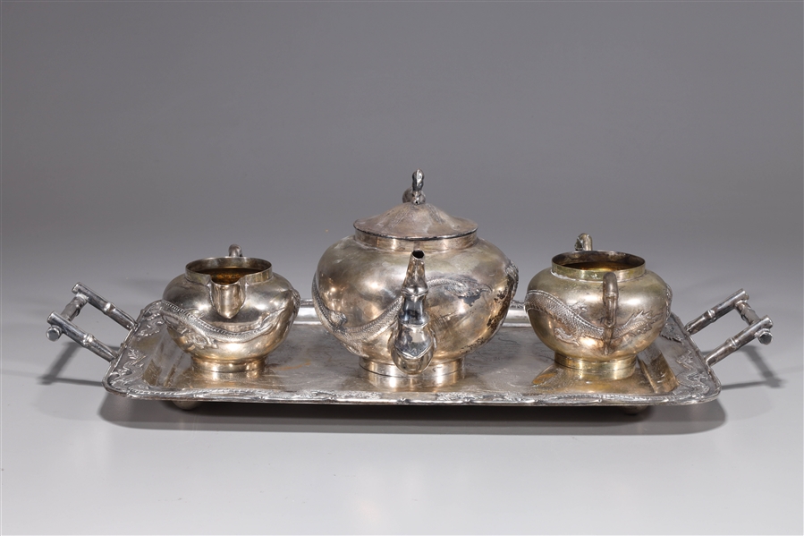 Appraisal: Chinese export silver tea set and tray with teapot creamer