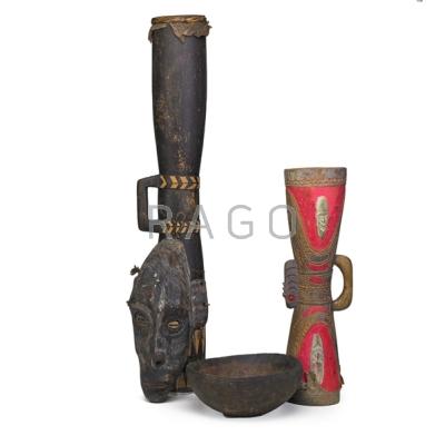 Appraisal: NEW GUINEA WOOD OBJECTS Seven include two drums three hunting