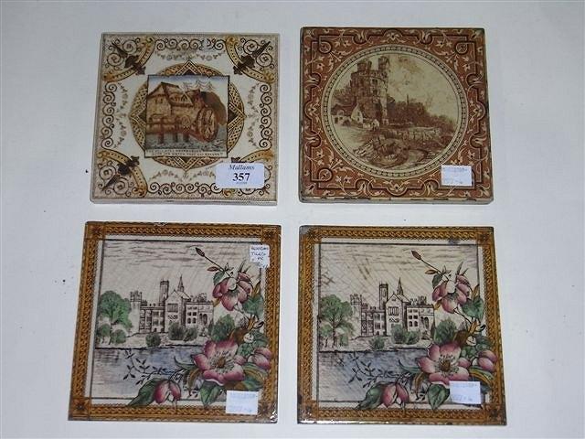 Appraisal: FOUR MINTON AND OTHER TILES various images of towns and