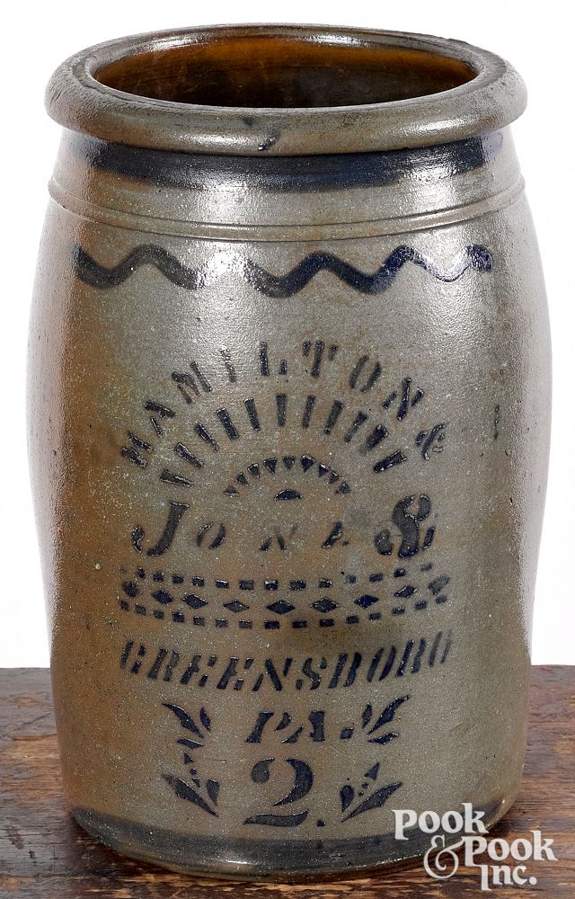 Appraisal: Western Pennsylvania two-gallon stoneware crock Western Pennsylvania two-gallon stoneware crock