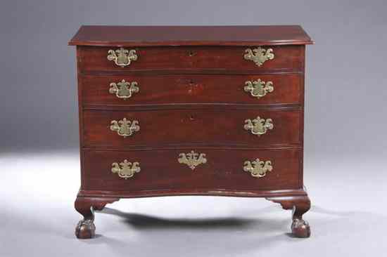 Appraisal: MASSACHUSETTS CHIPPENDALE MAHOGANY REVERSE SERPENTINE-FRONT CHEST-OF-DRAWERS Late th century Molded-edge