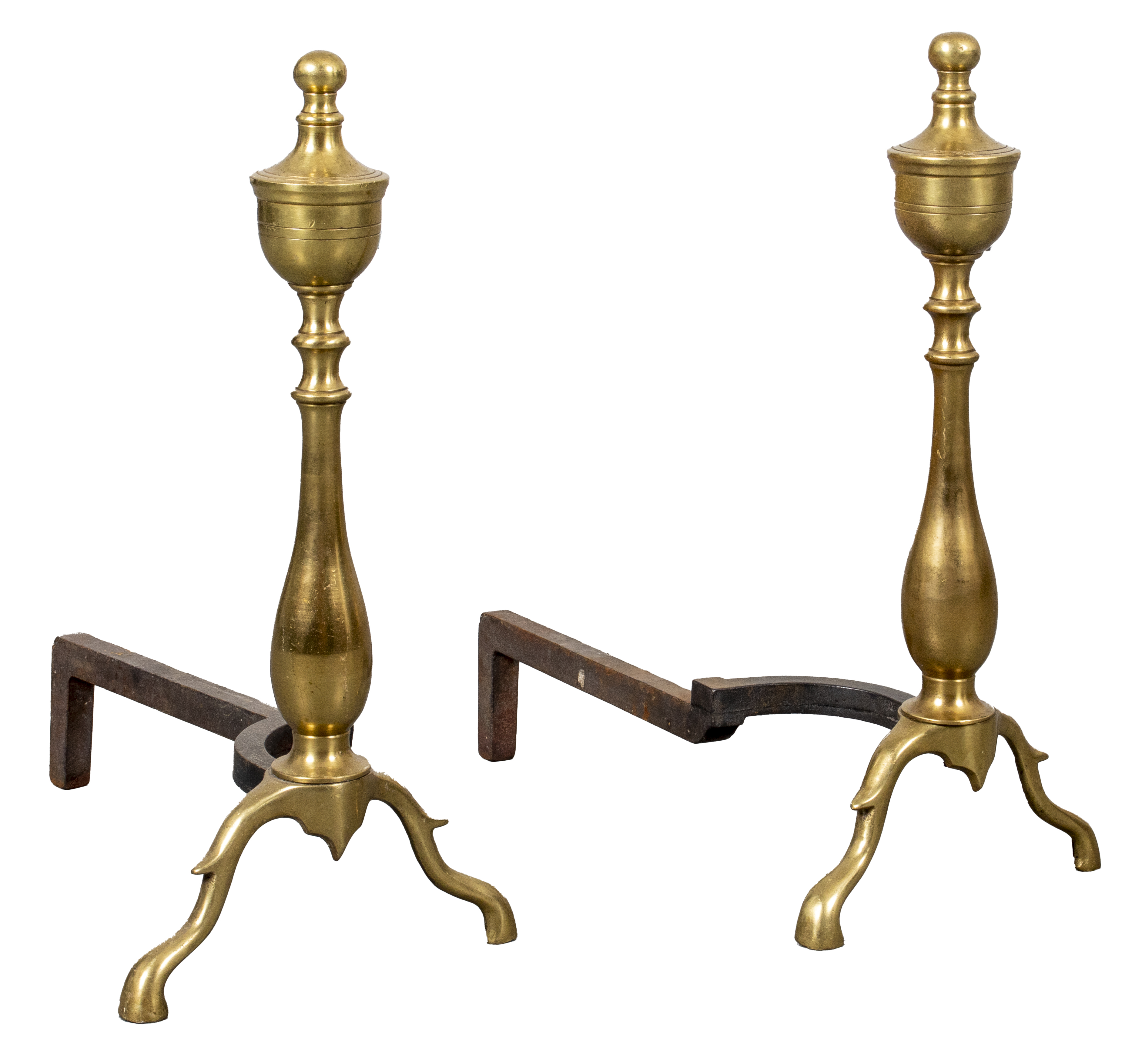 Appraisal: BRASS ANDIRONS PAIR Pair of brass andirons with urn finial