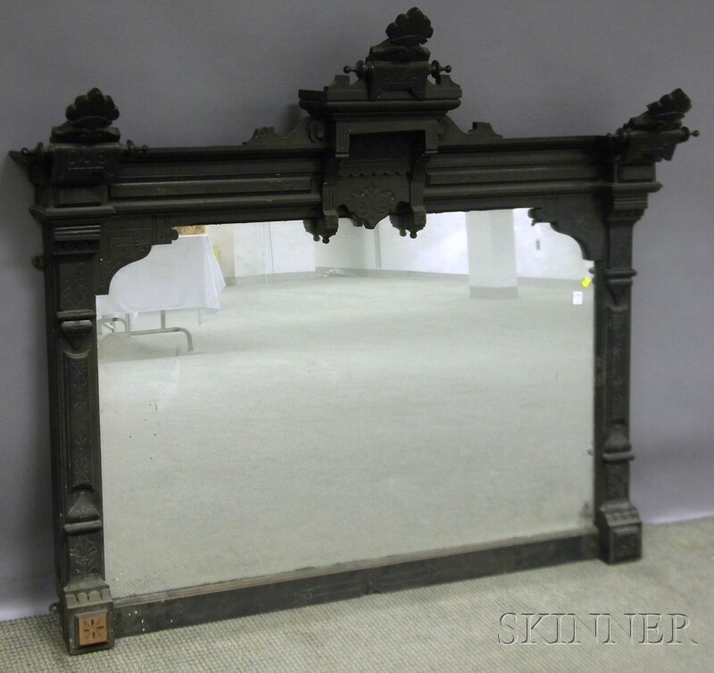 Appraisal: Black-painted Victorian Renaissance Revival Carved Walnut Overmantel Mirror lg wd