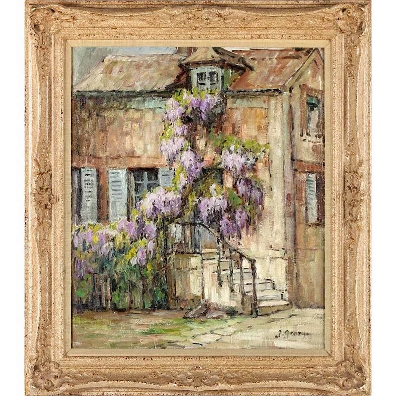 Appraisal: Juliette George French d Wisteria oil on canvas signed at