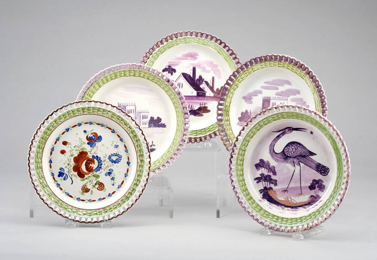 Appraisal: FIVE SWANSEA PINK LUSTRE RETICULATED PLATES CIRCA One painted with