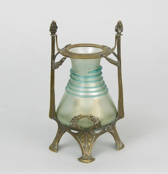 Appraisal: Iridescent Glass Vase In Art Nouveau Bronze Mount ca An