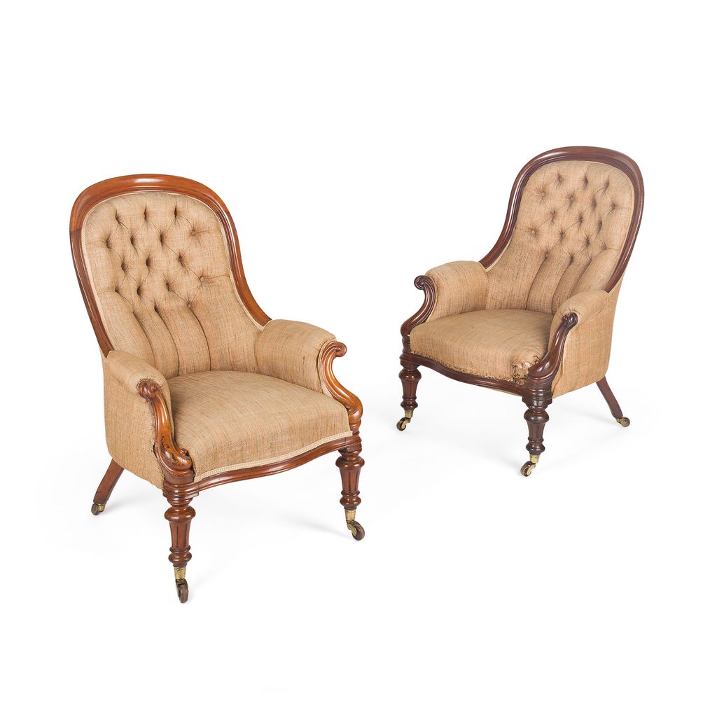 Appraisal: PAIR OF VICTORIAN WALNUT FRAMED BUTTON BACK ARMCHAIRS TH CENTURY