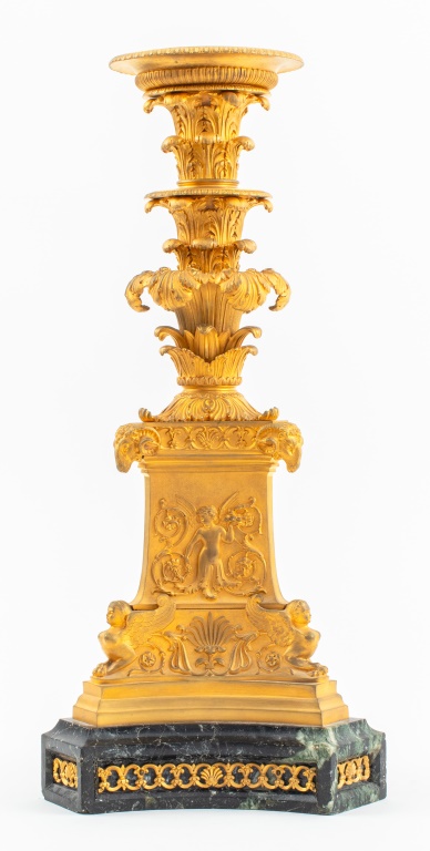 Appraisal: FRENCH EMPIRE ORMOLU MARBLE CANDLESTICK French Empire large Neoclassical ormolu