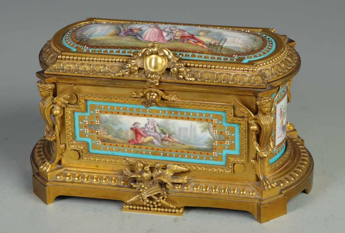 Appraisal: Fine Sevres Jewelry Casket Painted jeweled porcelain panels Gilt bronze