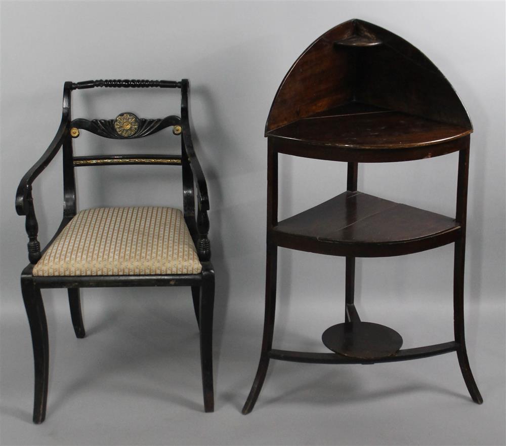 Appraisal: HEPPLEWHITE MAHOGANY CORNER WASHSTAND TOGETHER WITH A REGENCY STYLE BLACK