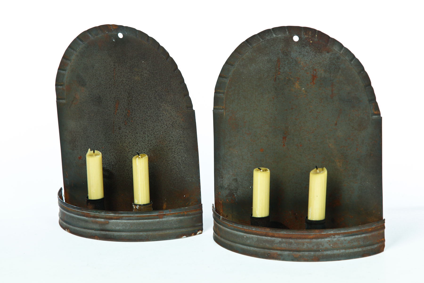 Appraisal: PAIR OF TIN CANDLE SCONCES American mid th century Crimped