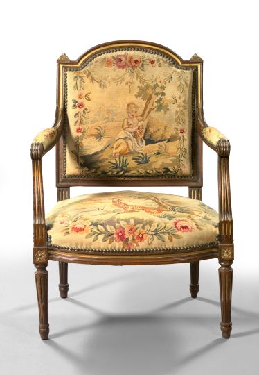 Appraisal: Louis XVI-Style Parcel-Gilt Fruitwood Fauteuil third quarter th century the