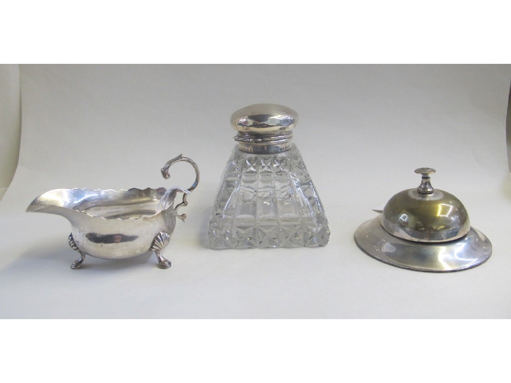 Appraisal: Lot comprising silver mounted scent bottle sauce boat and a