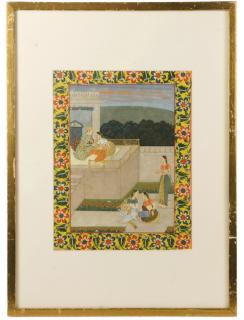 Appraisal: INDIAN MINIATURE PAINTING Mughal Courtship Scene in Courtyard with attendant