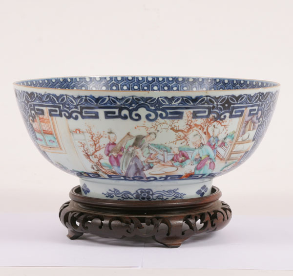 Appraisal: Chinese export bowl on wood stand hand painted porcelain familial