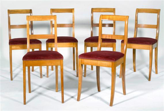 Appraisal: SUITE OF CHAIRS Biedermeier style Cherry Sabre legs pierced curved