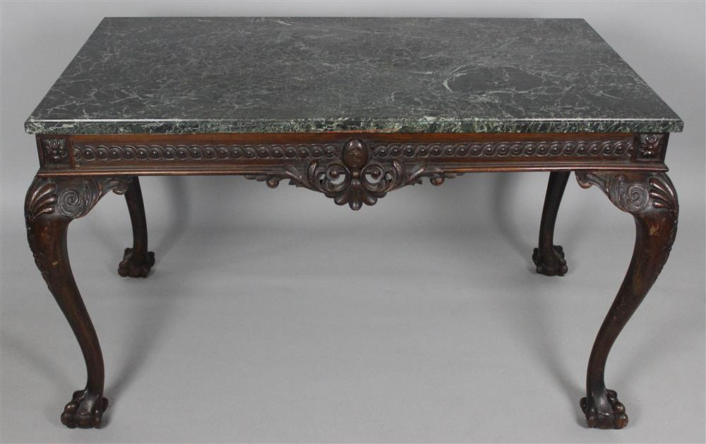 Appraisal: GEORGE III STYLE MAHOGANY MIXING TABLE the rectangular green marble