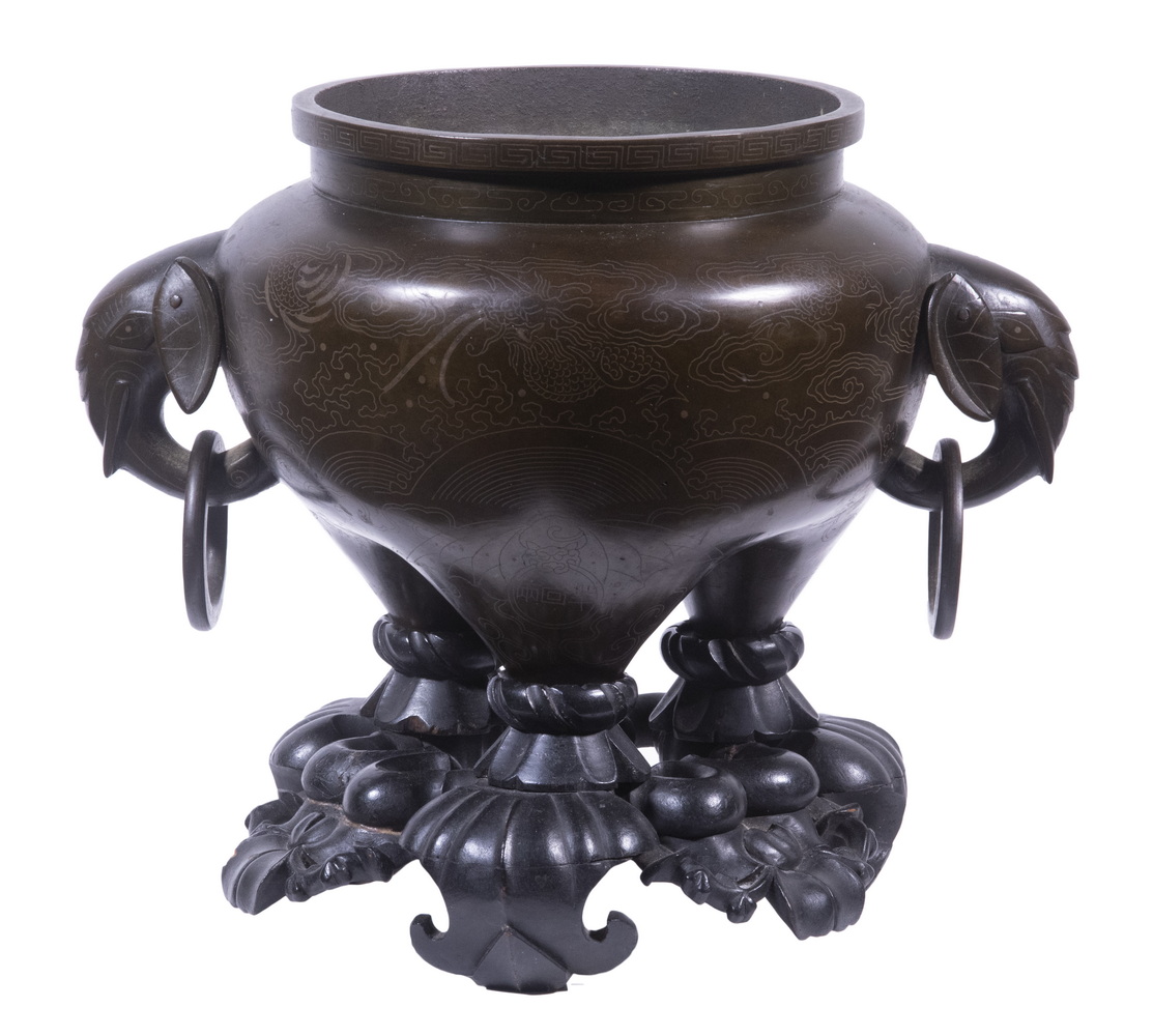 Appraisal: TH C JAPANESE BRONZE CENSER SIGNED WITH CARVED CUSTOM STAND