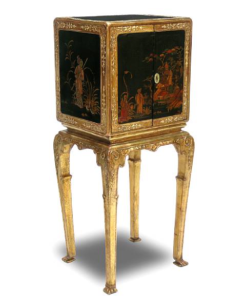 Appraisal: A George III chinoiserie lacquered cabinet on later giltwood stand