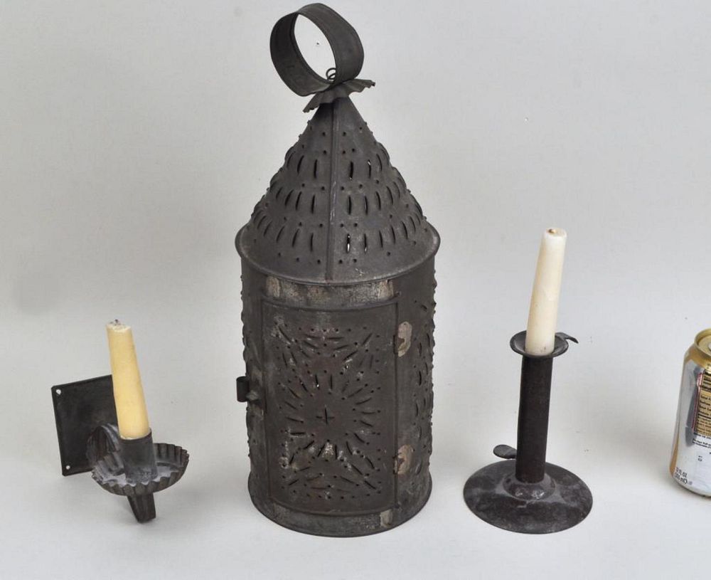 Appraisal: Three Early Tole Lighting Devices comprising a punched tin hanging