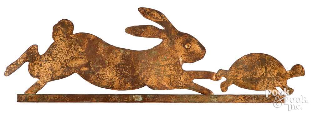 Appraisal: Sheet copper hare and tortoise weathervane mid Sheet copper hare