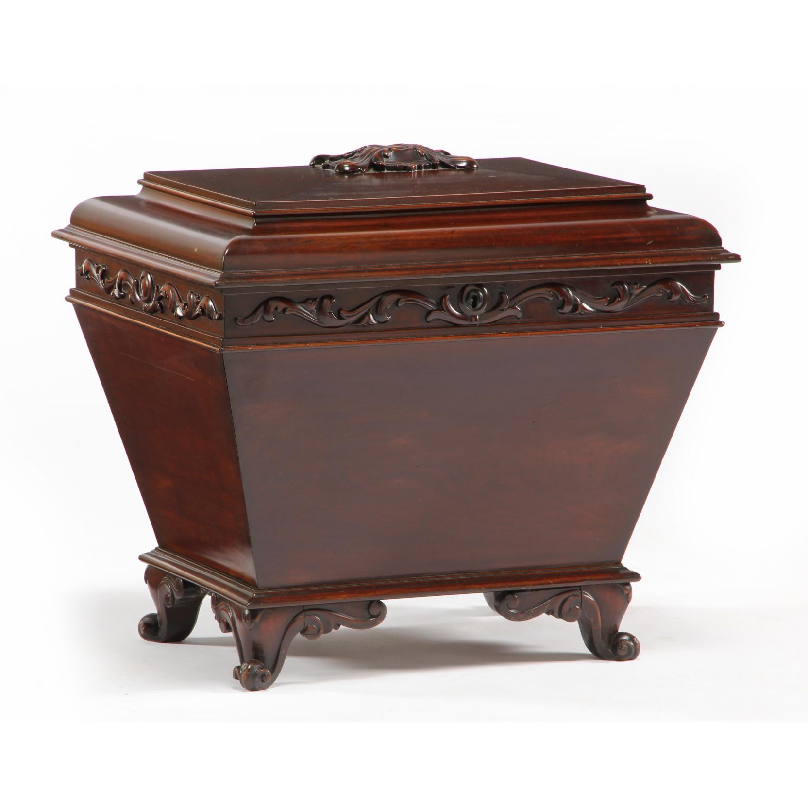 Appraisal: William IV Carved Cellaret circa mahogany mahogany veneers rectangular sarcophagus